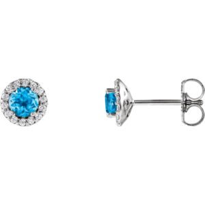 14K White Gold 1 10 CTW Diamond Halo 4mm Round Swiss Blue Topaz Stud Earrings