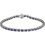 14K White Gold Bezel Set Emerald Cut Lab-Grown Blue Sapphire Tennis Bracelet 8.5 Ctw 7 Inch