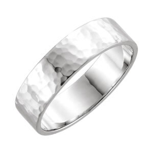 14K White Gold Flat Hammered Wedding Band 4mm