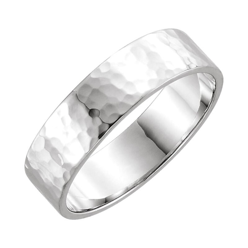14K White Gold Flat Hammered Wedding Band 4mm