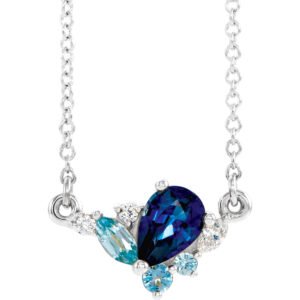 14K White Gold Multi Shape Gemstone Blue Sapphire Diamond Cluster Necklace