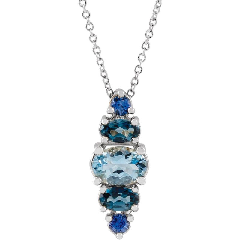 14K White Gold Natural Blue Sapphire, Topaz, and Aquamarine Multi Gemstone Necklace