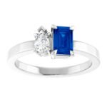 14K White Gold Pear Cut Diamond and Emerald Cut Sapphire Toi Et Moi Ring