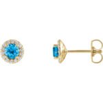 14K Yellow Gold 1 10 CTW Diamond Halo 4mm Round Swiss Blue Topaz Stud Earrings