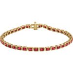 14K Yellow Gold Bezel Set Emerald Cut Lab Grown Red Ruby Tennis Bracelet
