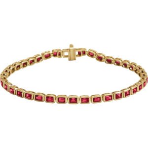 14K Yellow Gold Bezel Set Emerald Cut Lab Grown Red Ruby Tennis Bracelet