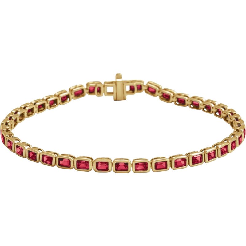 14K Yellow Gold Bezel Set Emerald Cut Lab Grown Red Ruby Tennis Bracelet
