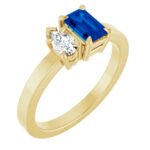 14K Yellow Gold Pear Cut Diamond and Emerald Cut Sapphire Toi Et Moi Ring