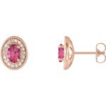 14K rose Gold Diamond Halo Oval Pink Tourmaline Stud Earrings