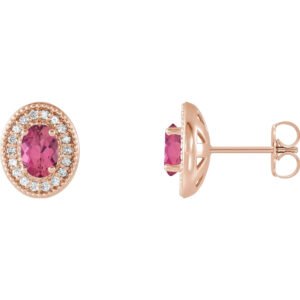 14K rose Gold Diamond Halo Oval Pink Tourmaline Stud Earrings