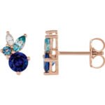 14K rose Gold Natural Aquamarine, Sky Blue Topaz, Blue Sapphire and Diamond Cluster Stud Earrings