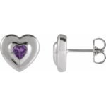 14K white Gold Bezel Set Heart Amethyst Stud Earrings
