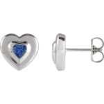 14K white Gold Bezel Set Heart Natural Blue Sapphire Stud Earrings