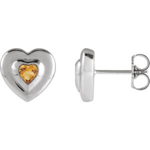 14K white Gold Bezel Set Heart Natural Citrine Stud Earrings