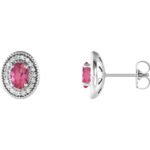 14K white Gold Diamond Halo Oval Pink Tourmaline Stud Earrings