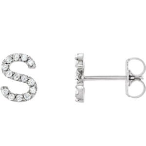 14K white Gold Diamond Initial Stud Earrings