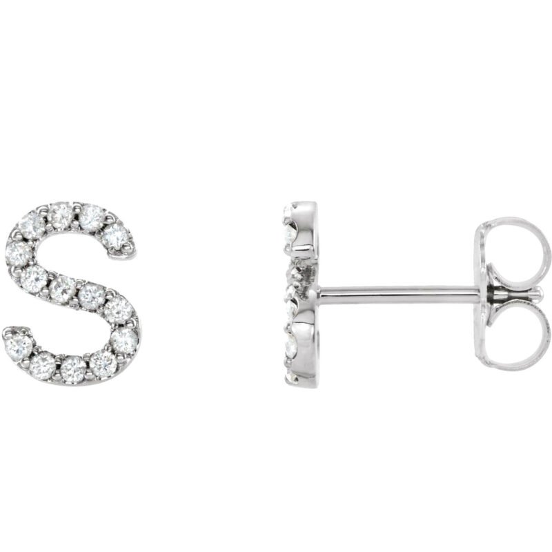 14K white Gold Diamond Initial Stud Earrings