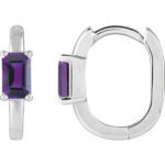 14K white Gold Emerald Cut Amethyst Hoop Earrings 13mm