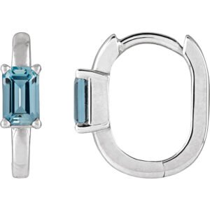 14K white Gold Emerald Cut Aquamarine Hoop Earrings 13mm