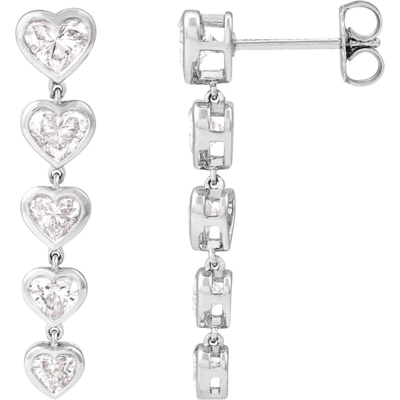14K white Gold Graduated Heart Lab Diamond Dangle Earrings 2 3 4 Carat