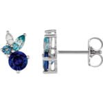 14K white Gold Natural Aquamarine, Sky Blue Topaz, Blue Sapphire and Diamond Cluster Stud Earrings