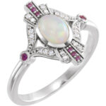 14K white Gold Natural Diamond Natural Pink Sapphire and Opal Ring
