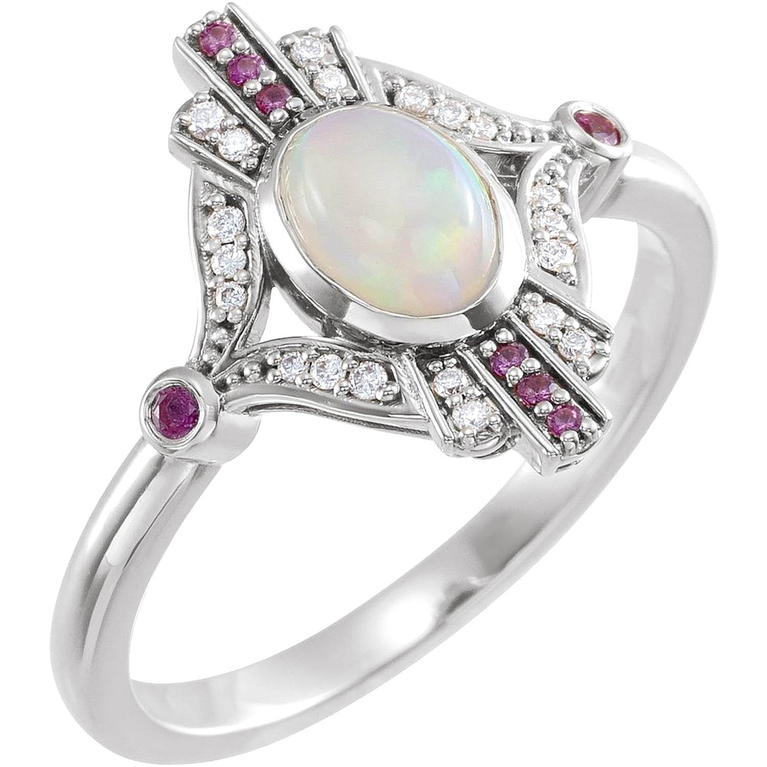 14K white Gold Natural Diamond Natural Pink Sapphire and Opal Ring