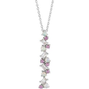 14K white Gold Opal, Pink Sapphire and Diamond Scattered Bar Necklace