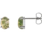 14K white Gold Oval Moss Agate Stud Earrings