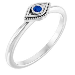 14K white Gold Stackable Blue Sapphire Evil Eye Ring