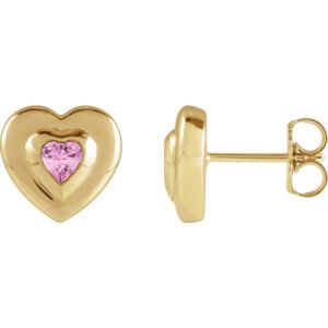 14K yellow Gold Bezel Heart Pink Tourmaline Stud Earrings