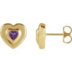 14K yellow Gold Bezel Set Heart Amethyst Stud Earrings