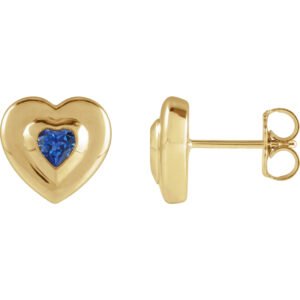 14K yellow Gold Bezel Set Heart Natural Blue Sapphire Stud Earrings