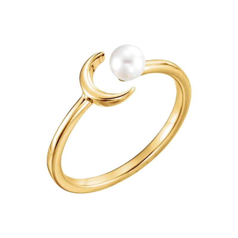 14K yellow Gold Cultured Freshwater Pearl Crescent Moon Ring