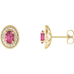 14K yellow Gold Diamond Halo Oval Pink Tourmaline Stud Earrings