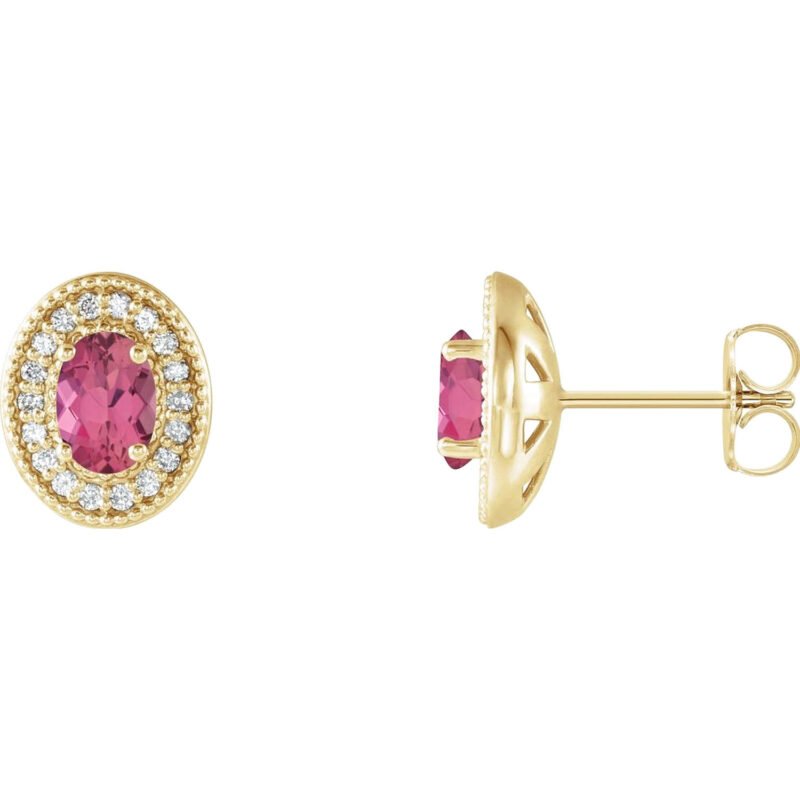 14K yellow Gold Diamond Halo Oval Pink Tourmaline Stud Earrings