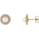 14K yellow Gold Double Diamond Halo Pearl Stud Earrings