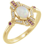 14K yellow Gold Natural Diamond Natural Pink Sapphire and Opal Ring