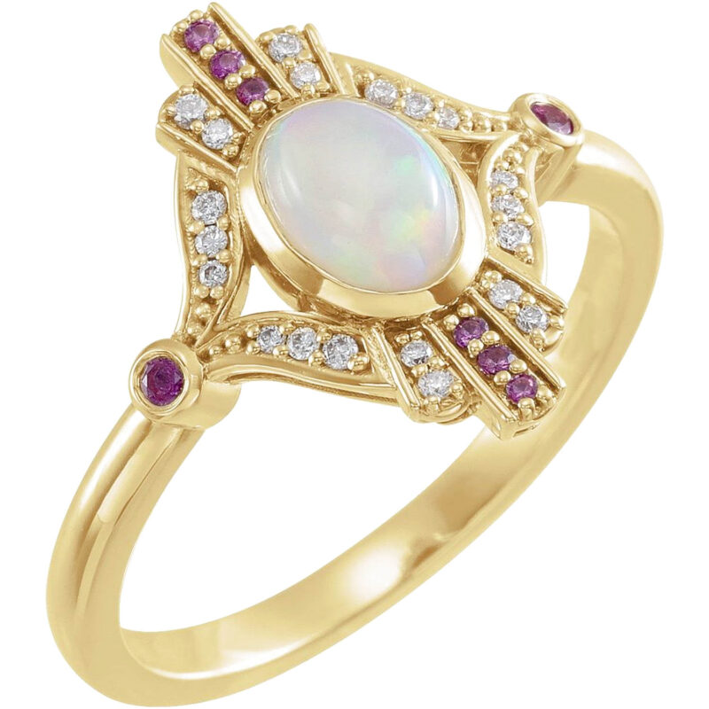 14K yellow Gold Natural Diamond Natural Pink Sapphire and Opal Ring