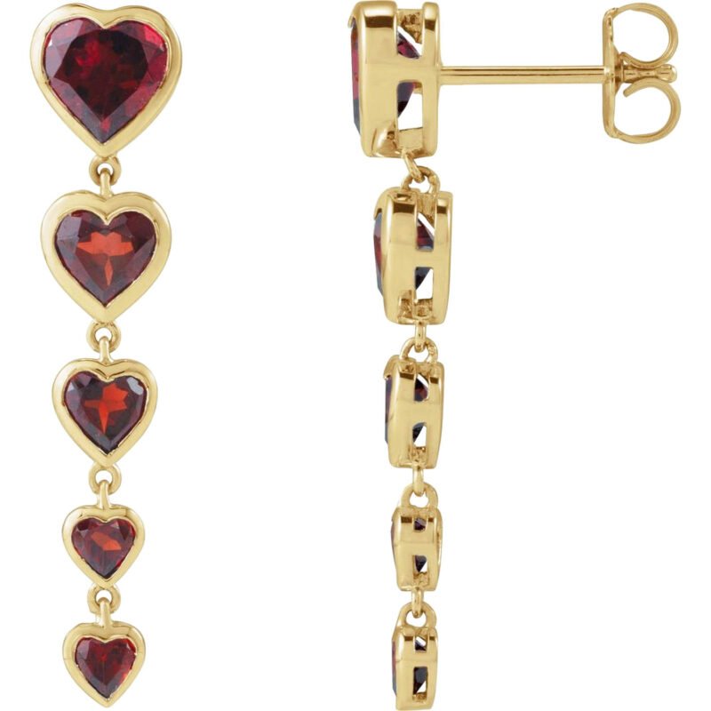 14K yellow Gold Natural Red Garnet Heart Dangle Earrings