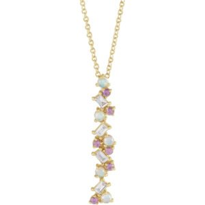 14K yellow Gold Opal, Pink Sapphire and Diamond Scattered Bar Necklace