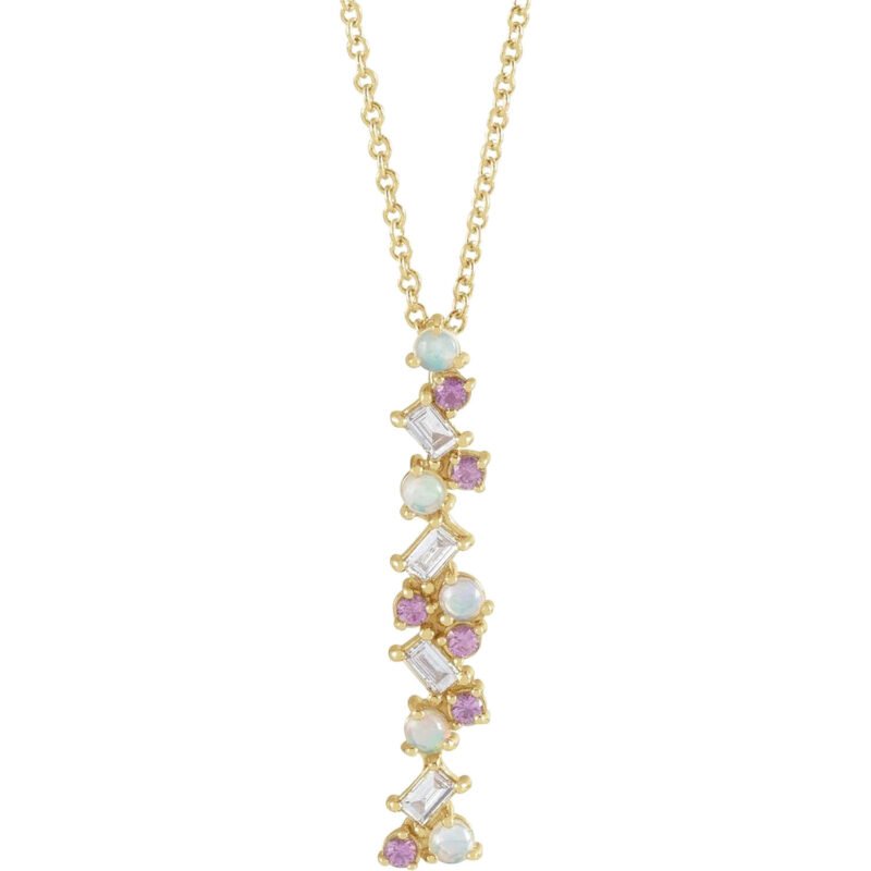 14K yellow Gold Opal, Pink Sapphire and Diamond Scattered Bar Necklace