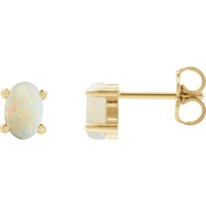 14K yellow Gold Oval Natural White Opal Stud Earrings 6x4 mm