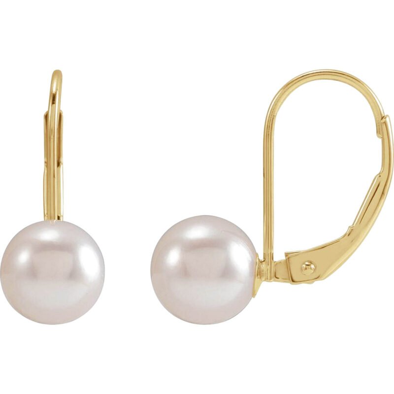 7mm 14K Yellow Gold Cultured White Akoya Pearl Leverback Earrings