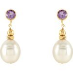 Amethyst and Pearl Drop Dangle Earrings 14K Yellow Gold
