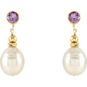Amethyst and Pearl Drop Dangle Earrings 14K Yellow Gold