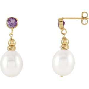 Amethyst and Pearl Drop Earrings 14K Yellow Gold