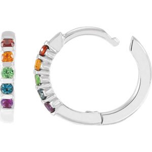 Platinum Multi-Gemstone Rainbow Huggie Hoop Earrings Hinged Back