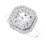 Real 14K Gold 1 CT Double Diamond Halo Asscher Cut Engagement Ring