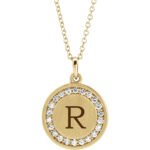 Real 14K Gold Diamond Halo Initial Personalized Disc Necklace